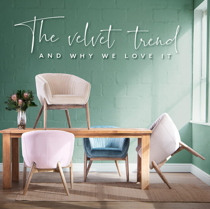 Various coloured velvet tub chairs around and on top of wooden dining table against a mint green wall